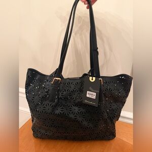 Moda Luxe Black Laser-Cut Tote with Gold Hardware